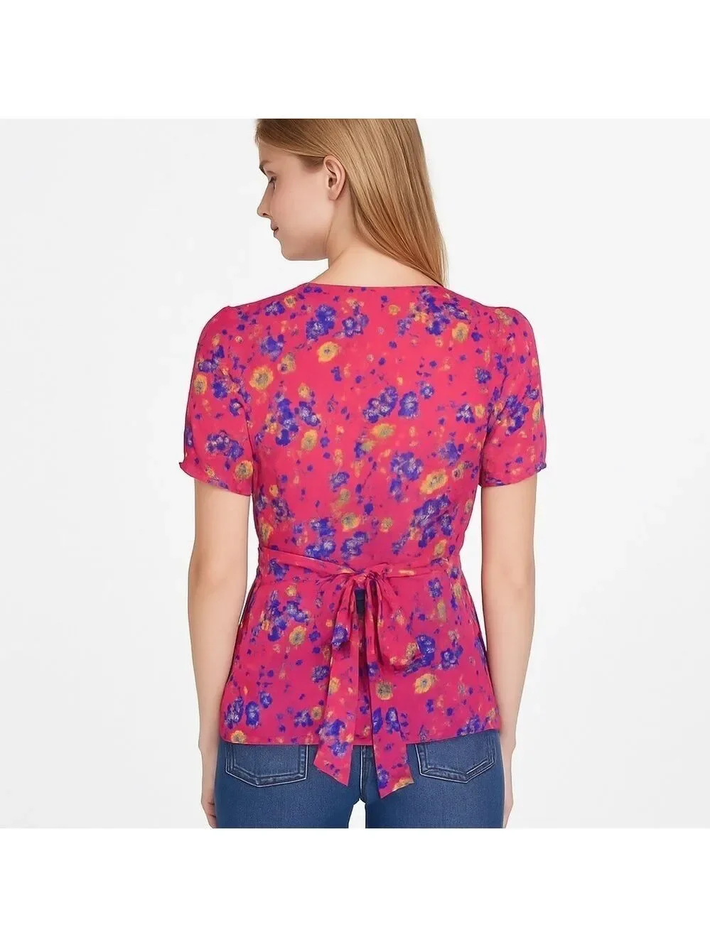 FOREVER 21 Adorable Pink Floral Print Button Up Sheer Blouse w/ Tie Back Size S - Picture 2 of 8